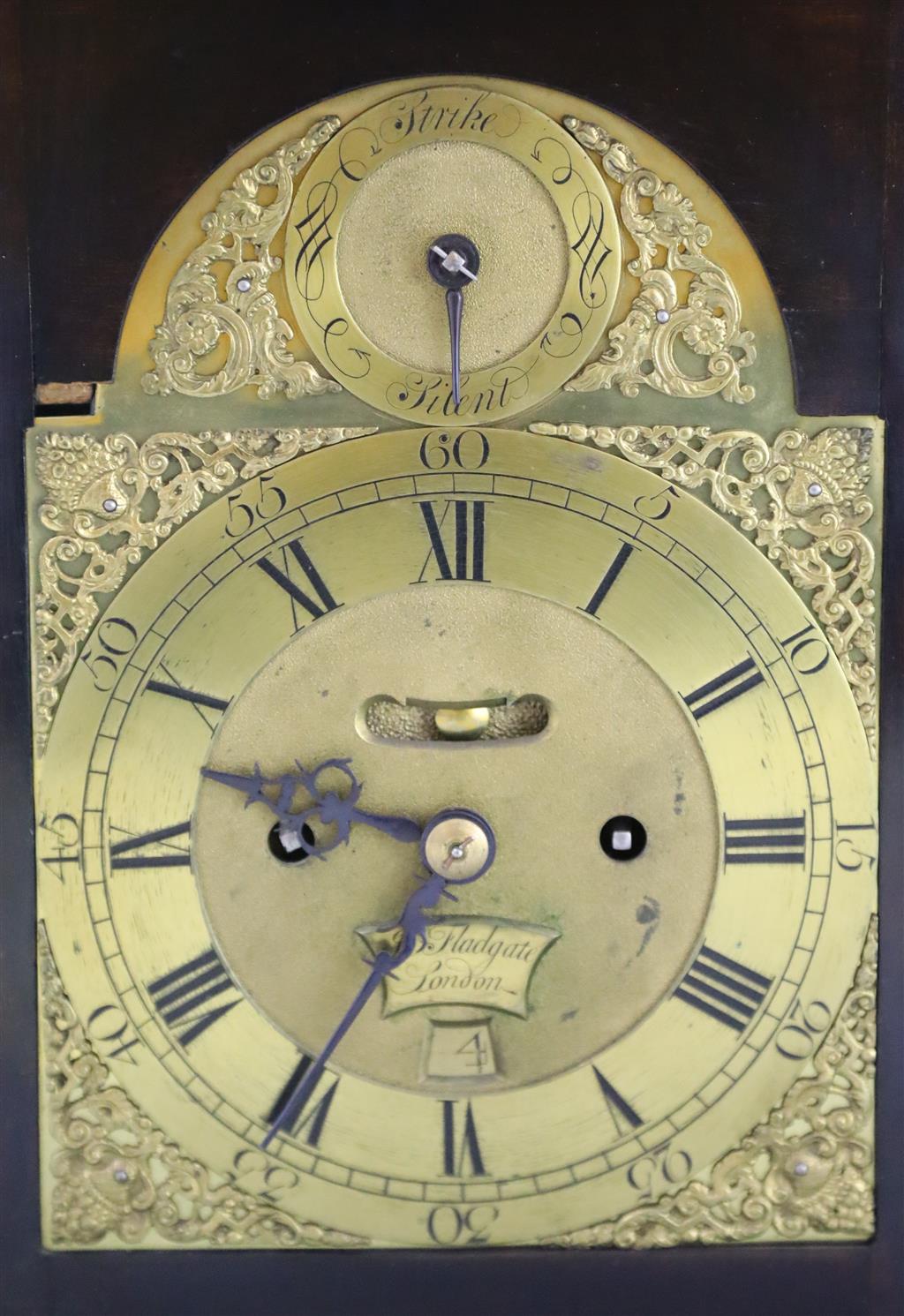 John Fladgate of London. A George III ebonised pear wood repeating bracket clock, height 16.5in.
